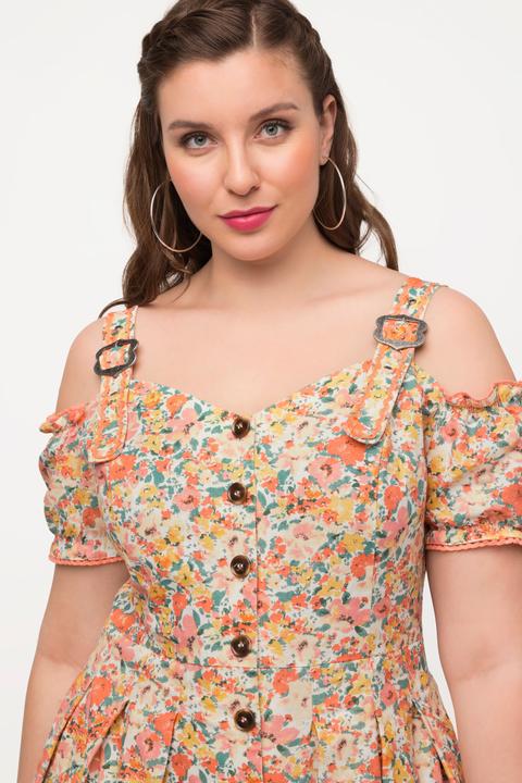 Actual product image Ulla Popken Floral Print Off The Shoulder Button Front Dress (50)
