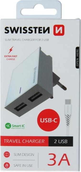 Produktbild Swissten Slim Series, Dual 3A USB-Netzladegerät mit Smart IC + USB-C Kabel (15 W)