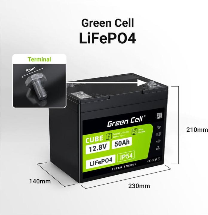 Immagine prodotto GreenCell Green Cell CUBE LiFePO4 battery 50Ah 12.8V 640Wh lithium iron phosphate battery for motorhomes, golf (12.80 V, 50 Ah)