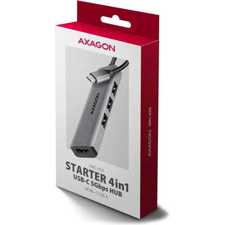 Thumbnail - Axagon HMC-H3A USB-C 5Gbps STARTER 4in1 hub (USB-C, 4 Ports), Dockingstation + USB Hub, Silber