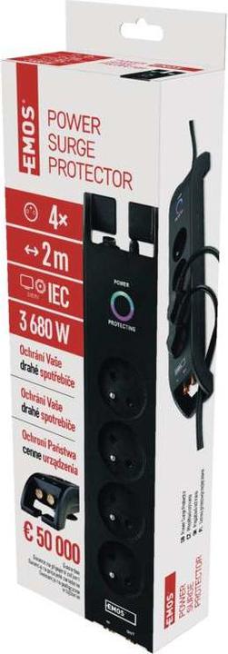 Productafbeelding Emos P54022 overspanningsbeveiliging Zwart 4 AC-uitgang(en) (4x, CEE 7/5, 2 m)