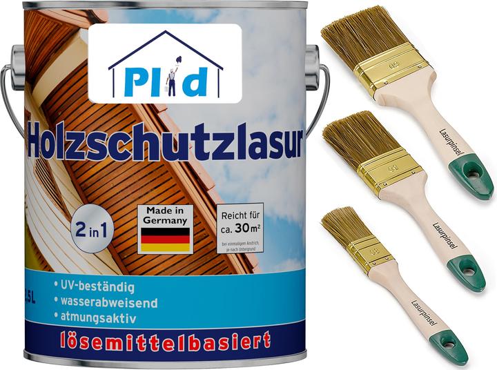 Produktbild Plid Holzlasur 2,5l für ca. 30m² + Lasurpinselset 3-tlg. /Holzschutzlasur (Nussbaum, 2.50 l)