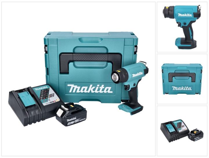 1x Makita DHG 180 batterie soufflerie d'air chaud, 1x Makita BL 1840 B 18 V 4,0 Ah batterie, 1x Makita DC 18 RC chargeur, 1x Makita Makpac mallette, 1x universel insert