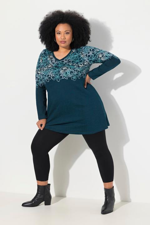 Actual product image Ulla Popken Floral Placement Print Long Sleeve V-Neck Cotton Knit Tunic (50, 52)