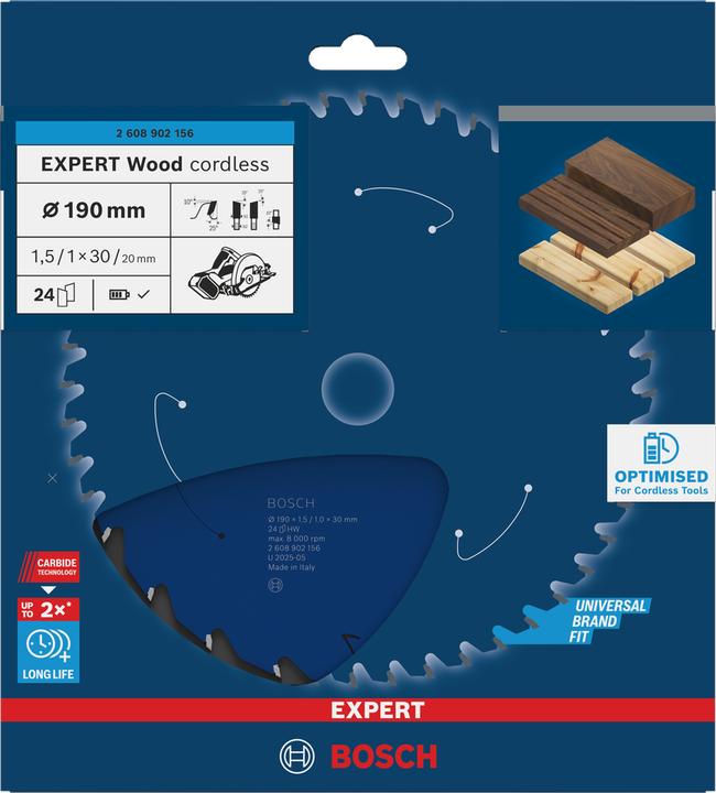 Actual product image Bosch Professional Zubehör Blau Zubehör 2608902156 EXPERT Kreissägeblatt Holz kabellos 190 x 1,5/1 x 30 mm T24