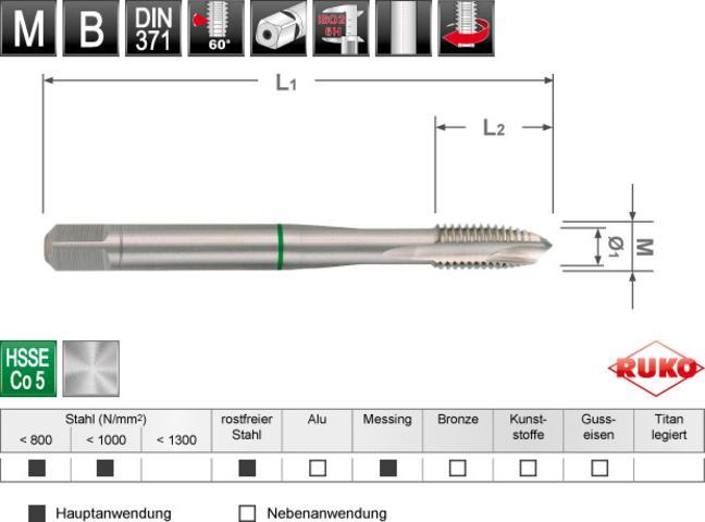Terrax by Ruko Maschinengewindebohrer HSSE-Co 5 M DIN 371 Form B M8