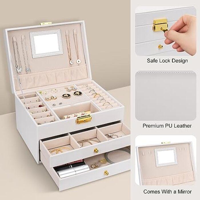 Produktbild Only-Bags.Store Schmuckkästchen mit 3 Ebenen, 2 Schubladen Schmuckkästchen PU-Leder-Schmuckaufbewahrung