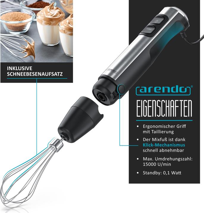 Immagine prodotto Arendo Frullatore a mano con motore a corrente continua, acciaio inossidabile, accessorio per frullare