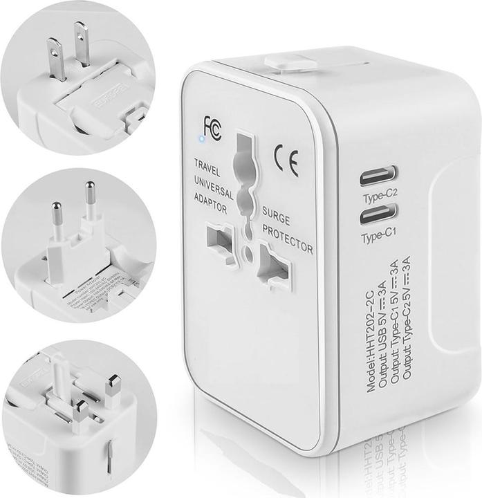 Techsuit - Travel Adapter (HHT202-2C) - 2 x USB-C, EU, UK, AUS, US - White