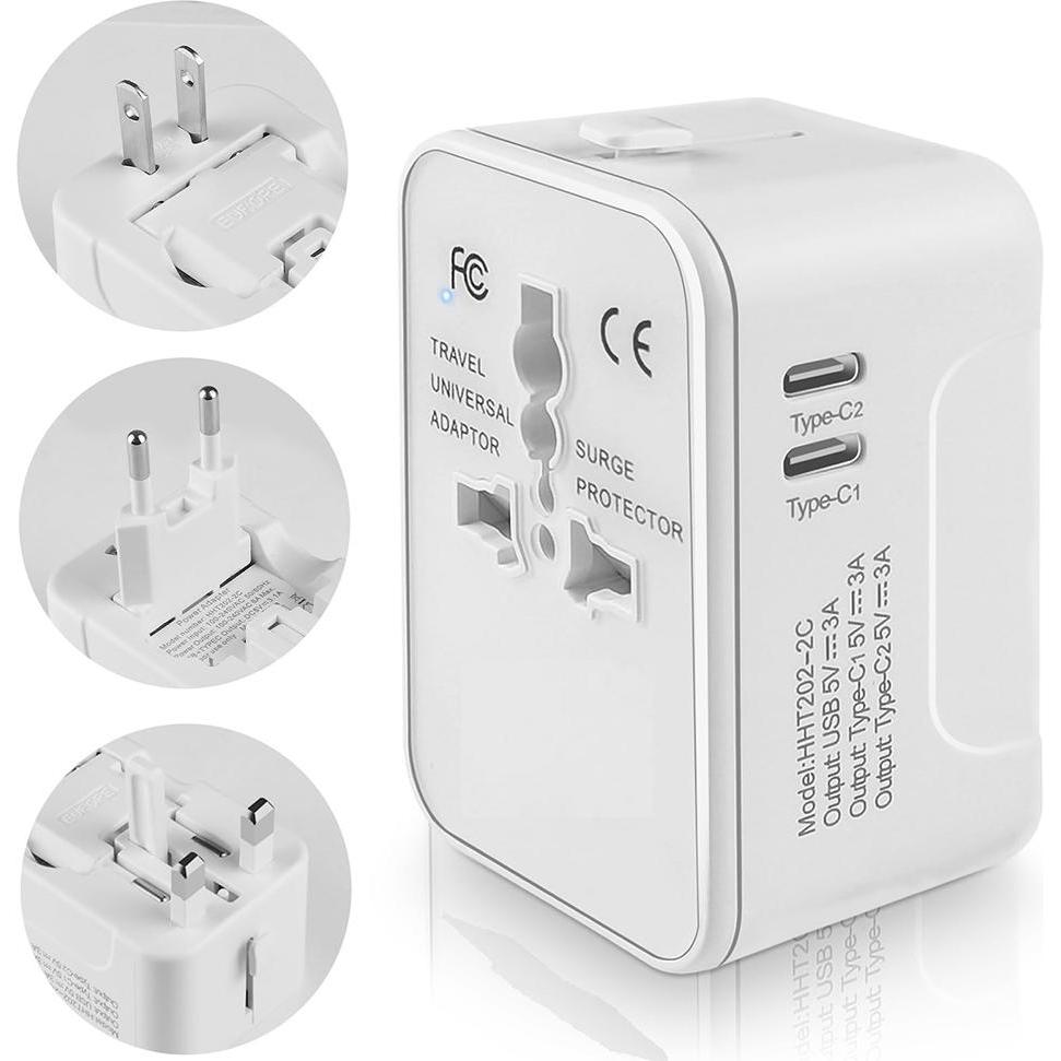 Techsuit, Adattatore da viaggio, - Travel Adapter (HHT202-2C) - 2 x USB-C, EU, UK, AUS, US - White