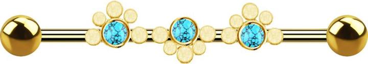 Actual product image Star Piercing Gold-plated barbell two spheres dotted wave three turquoise stones (without brass, Mineral, Surgical steel 316L)