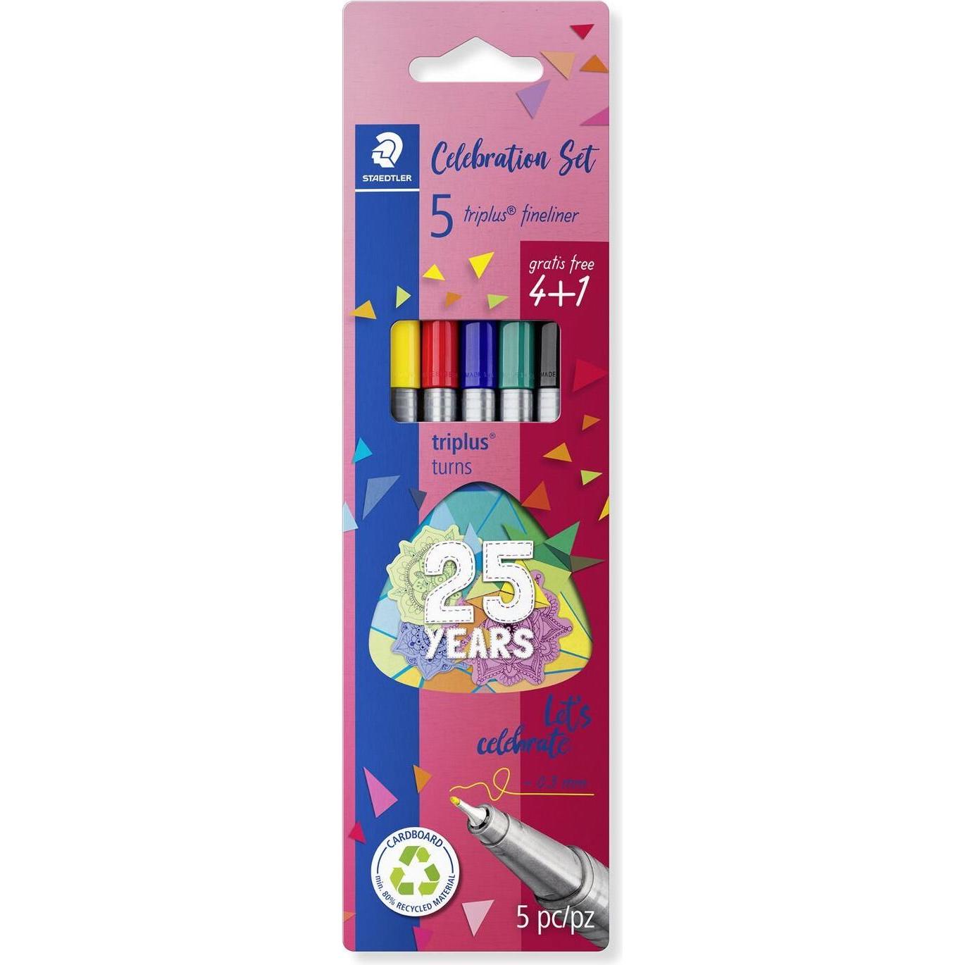 Staedtler, Schreibstifte, Fineliner triplus, 4 + 1 Celebration-Set Strichstärke: 0,3 mm, dreieckig, DRY SAFE, sortiert i...