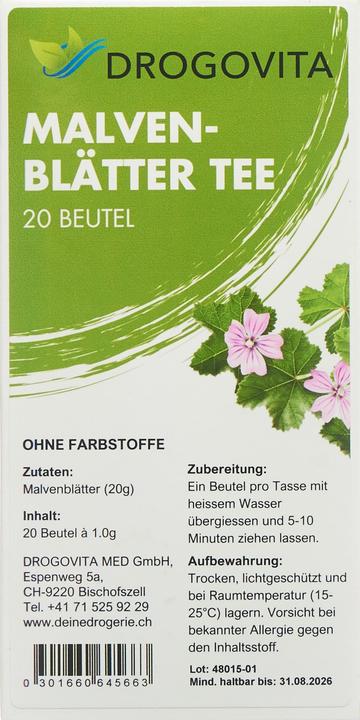 Nährwerte und Zutaten Drogovita Malvenblätter Tee Btl 20 Stk (48 g)