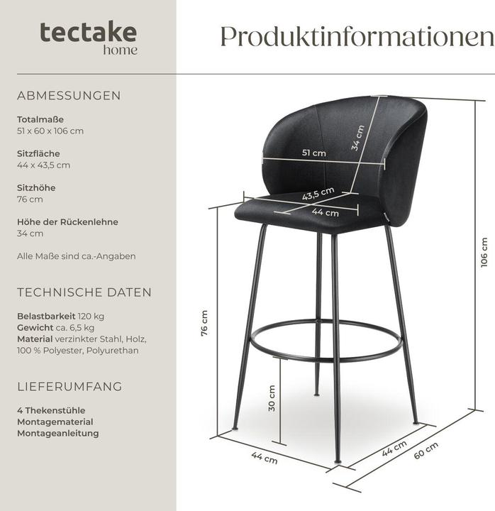 Actual product image tectake Bar stool Luana, with backrest, velvet look