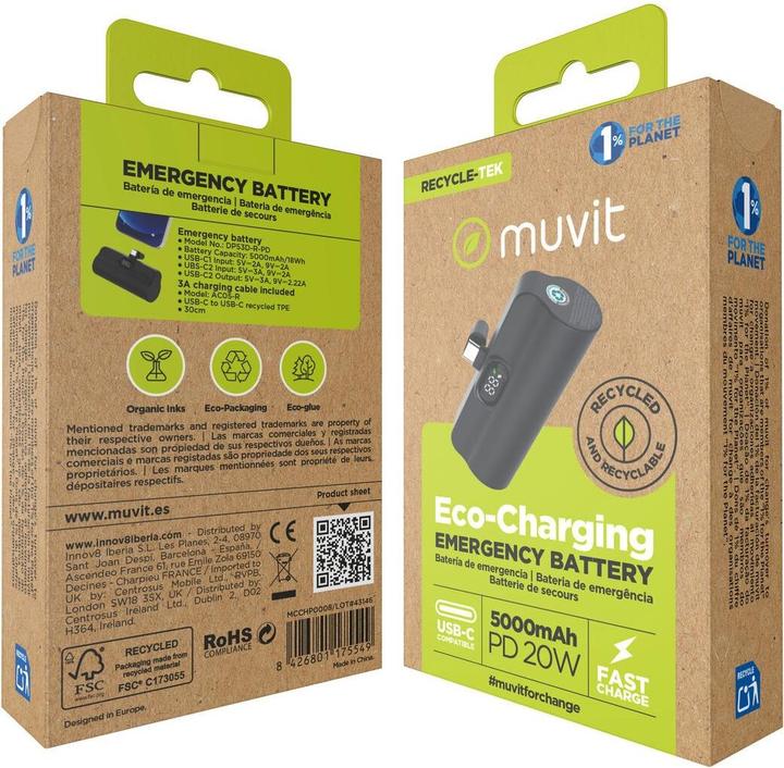 Immagine prodotto Muvit Powerbank for Change DP53D-R-PD Schwarz 5000 mAh (5000 mAh, 20 W)