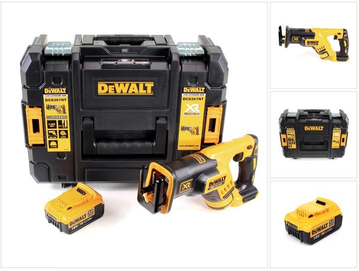 1x DeWalt DCS 367 NT 18V reciprocating saw, 1x Dewalt DCB 182 18 V 4.0 Ah Li-Ion battery, 1x DeWalt TSTAK II box