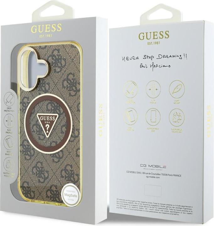 Immagine prodotto Guess Case IML Metal Glitter 4G Circle Triangle MagSafe for iPhone 16 brown (Apple iPhone 16)