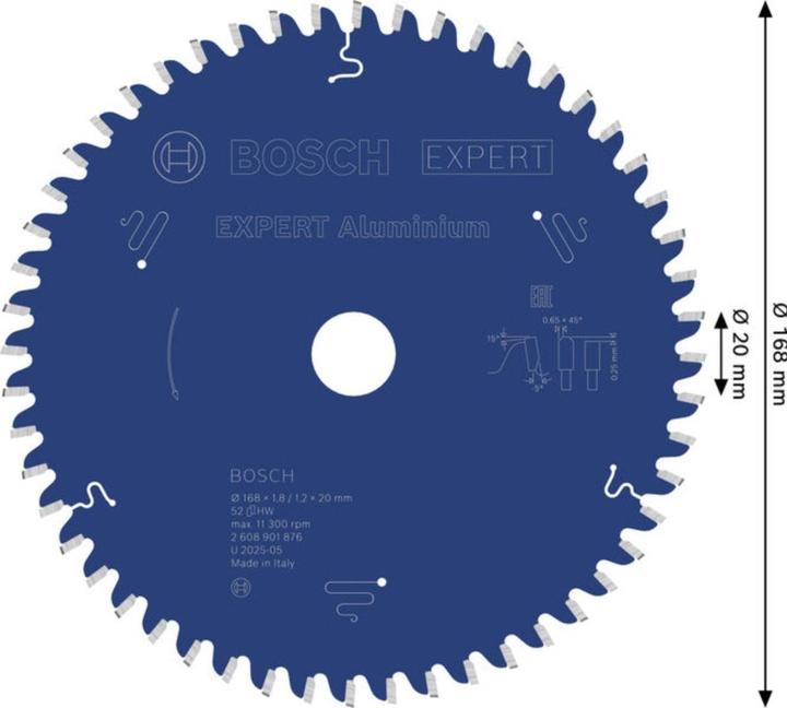 Produktbild Bosch Professional Zubehör Kreissägeblatt Expert for Aluminium 168 x 20 x 1,8/1,2 mm, T52