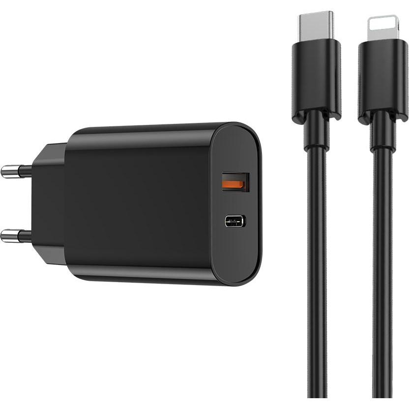 Wiwu Wandladegerät Wi-U002 PD + QC 20W 1x USB 1x USB-C schwarz + Kabel USB-C - Lightning (20 W), USB Ladegerät, Schwarz