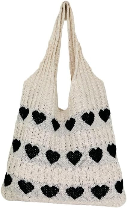 Only-Bags.Store Minimalistische Liebe Muster Hobo Tasche, gestrickt Lagerung Einkaufstasche, leichte Urlaub Tasche