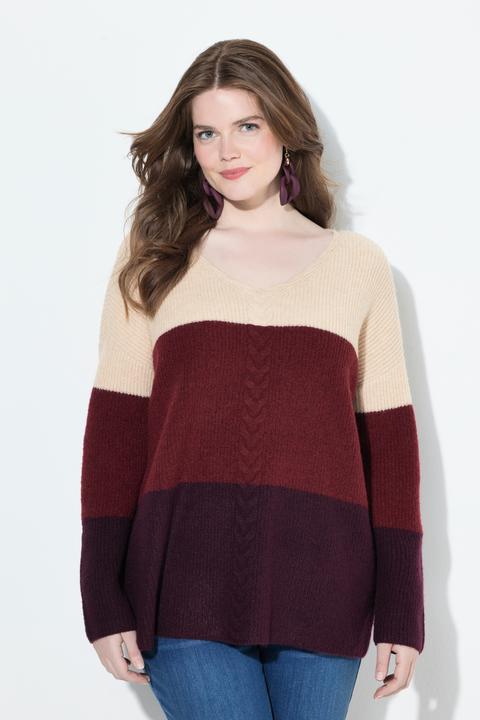 Actual product image Ulla Popken Cable Knit Block Stripe V-Neck Sweater (46, 48)