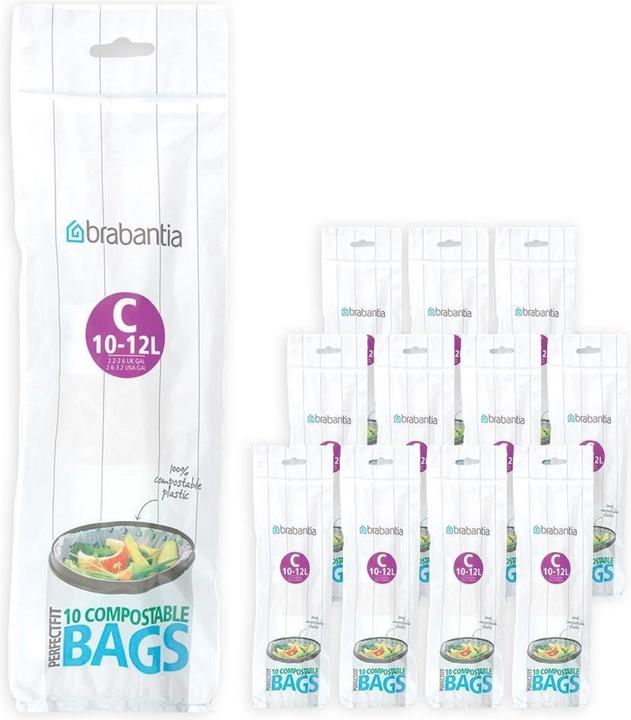 Brabantia PerfectFit Composteerbare Vuilniszakken - 10/12 l - Codice C - 12 rotoli x 10 pezzi (12 l)