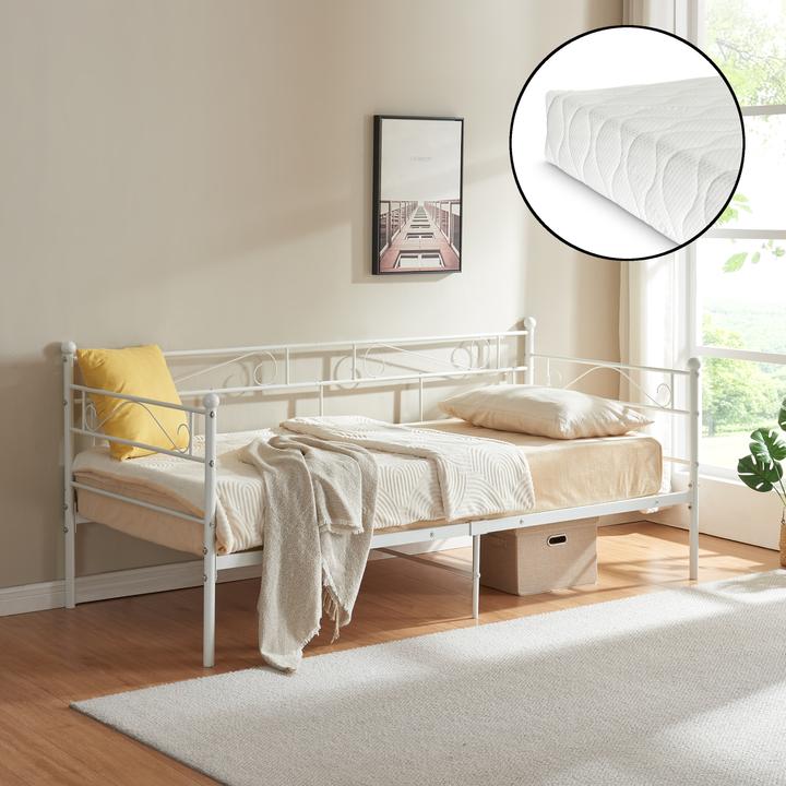 Actual product image En.Casa Metal bed Granada 90x200 cm with cold foam mattress white (90 x 200 cm)
