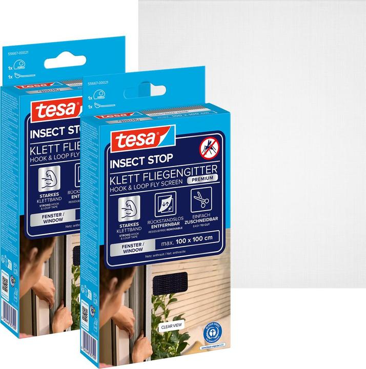 Produktbild tesa 2x Insektenschutz COMFORT für Fenster, mit Klettband, selbstklebend, ohne Bohren (100 x 100 cm)