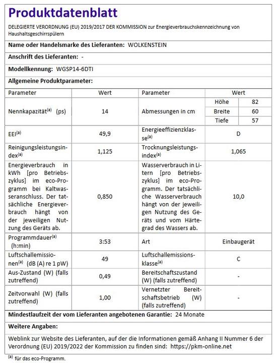 Valori nutrizionali e ingredienti Wolkenstein Lavastoviglie da incasso WGSP14-6DTI
