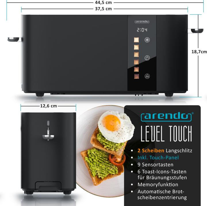 Produktbild Arendo Toaster Edelstahl 2 Scheiben Langschlitz, Bräunungsgrad & Restzeitanzeige, Touch Display, 1000 W
