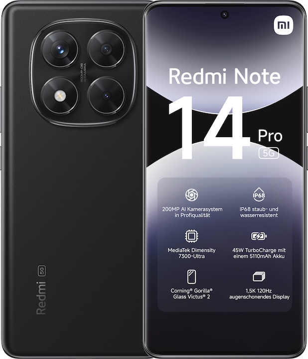Produktbild Xiaomi Redmi Note 14 Pro 5G (256 GB, Midnight Black, 6.67", Dual SIM, 200 Mpx, 5G)