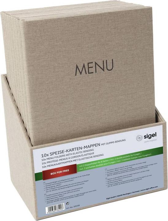 Produktbild Sigel Speisekarten-Mappen mit Gummi-Bindung 10er-Set, inkl. Aufbewahrungsbox gratis, Blindprägung: MENU, m (A4, 10 x)