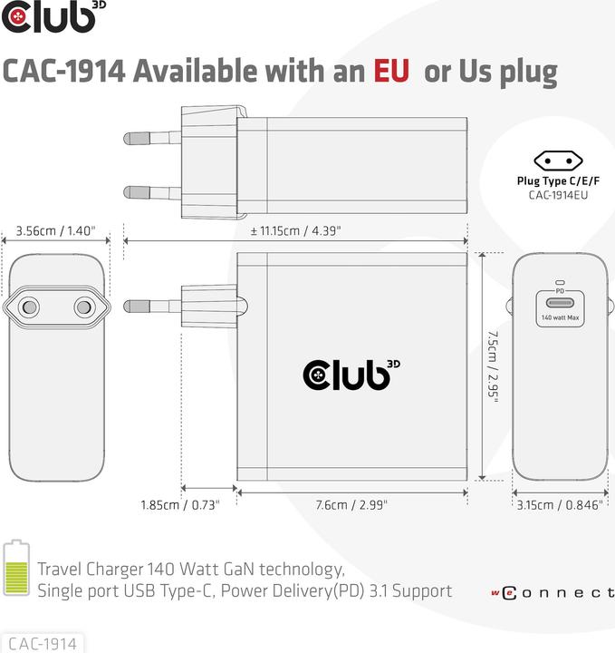 Produktbild Club 3D Club3D Ladegerät 1xUSB Typ C, PD 140W retail (140 W, 1 Port)