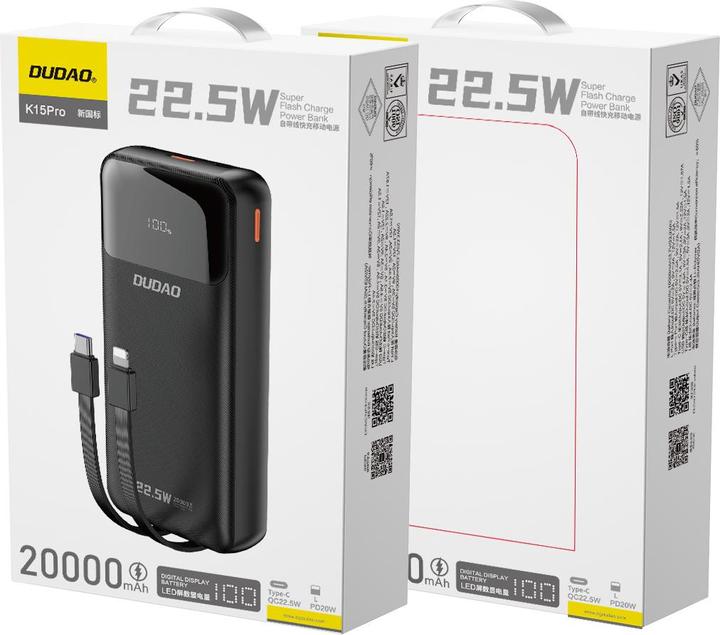 Image du produit Dudao K15Pro 20000mAh 22.5Watt 2x cable Black (20000 mAh, 22.50 W, 74 Wh)