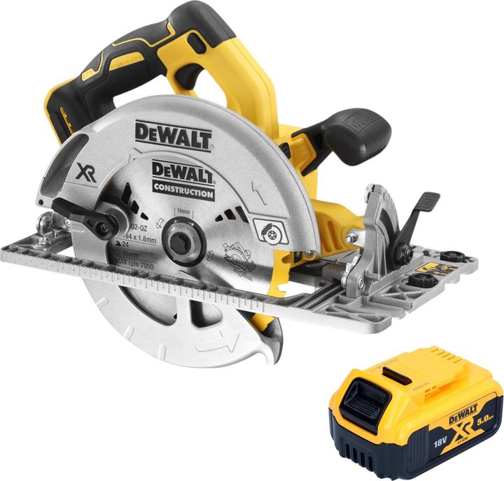 1x sega circolare a batteria DeWalt DCS 572, 1x batteria DeWalt DCB 184 18 V 5.0 Ah, senza caricabatterie