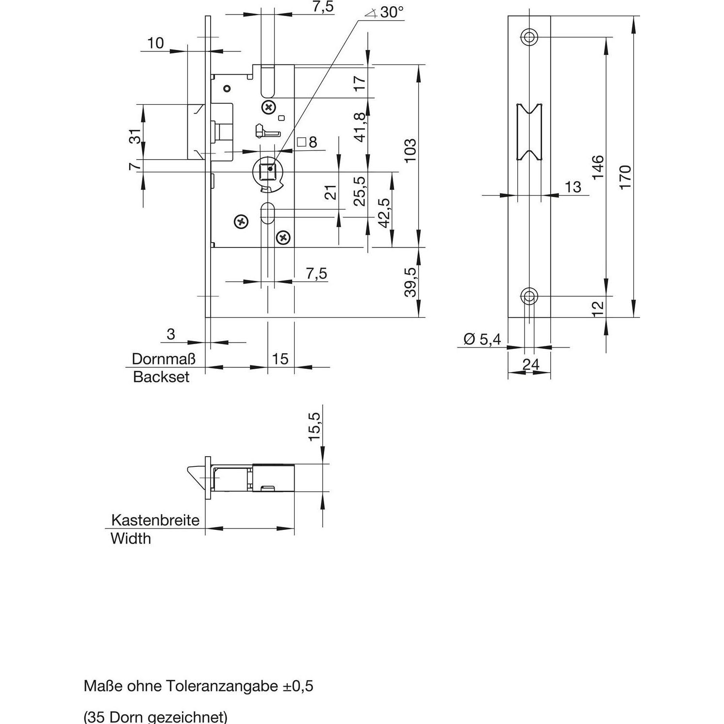 Thumbnail - Wilka, Türschloss + Schliesszylinder, Rohrrahmen- Fallenschloss, DM 40, Flachstulp 170 x 24 x 3 mm, Edelstahl
