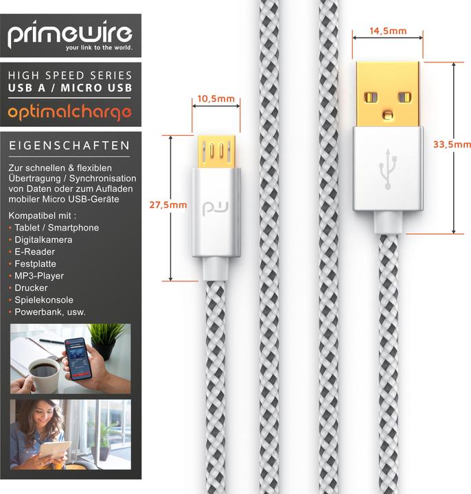 Actual product image Primewire Micro USB Cable - 2.4A MicroUSB Fast Charging Cable, Nylon, Metal Plug, Data Cable Charging Cable (1 m, USB 2.0)