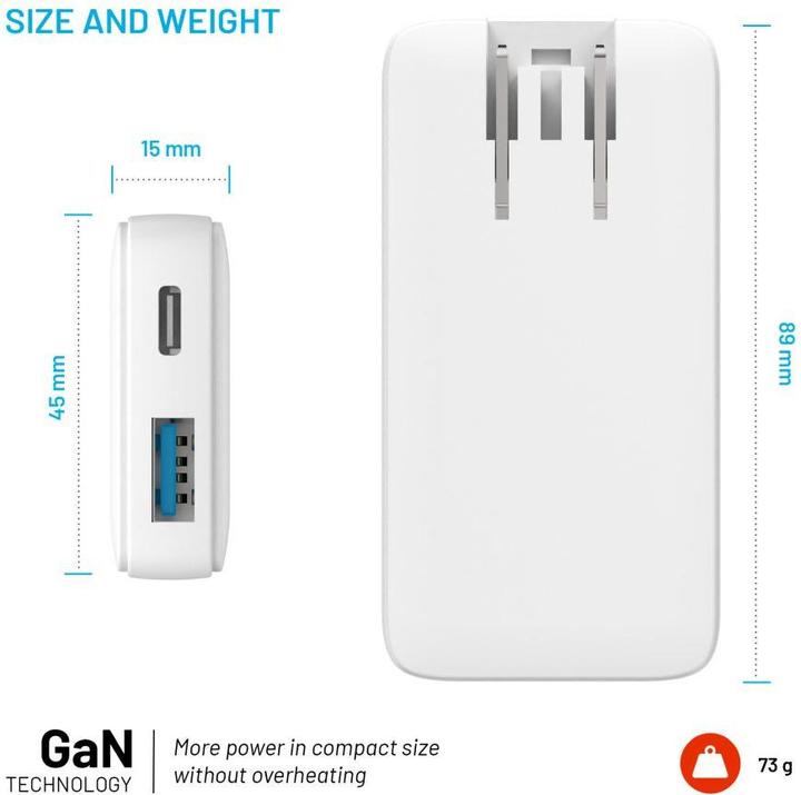 Actual product image Fixed Slim Traveller USB-C/USB Travel Charger with world adapters, GaN, 65W, white (65 W, 2 ports)