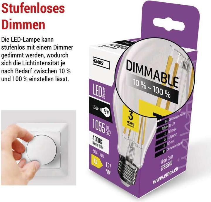 Produktbild Emos LED Lampe Filament A60 / E27 / 7,5 W (75 W) / 1 055 lm / Neutralweiss / dimmbar (E27, 7.50 W, 1055 lm, 1 x, D)