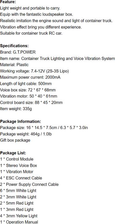 Produktbild G.T. Power Container Truck Lighting and Voice Vibration System for RC 1/14 Truck