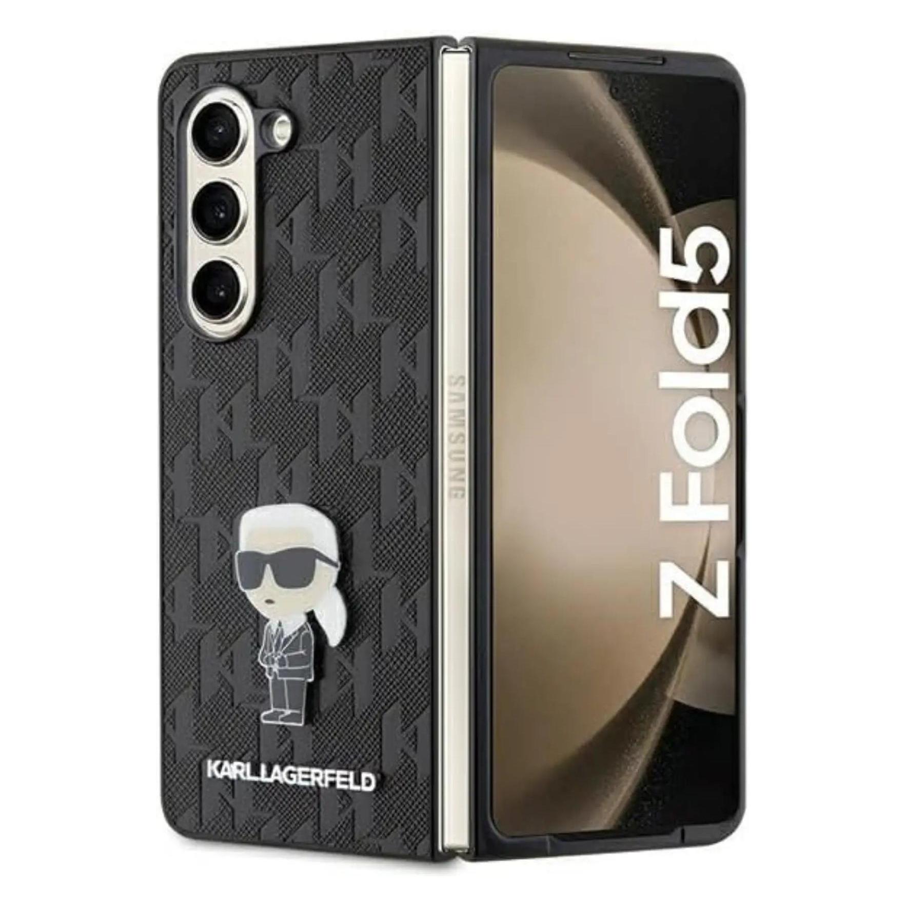 Karl Lagerfeld KLHCZFD5SAPKINPK Z Fold5 F946 Hardcase Czarny/black Saffiano Monogram Ikonik Pin (Samsung Galaxy Z Fold5), Smartphone Hülle, Schwarz