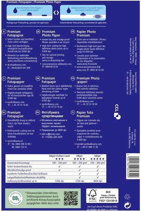 Label énergétique Avery Papier photo jet d'encre premium (250 g/m², 13 x 18 cm, 50 x)