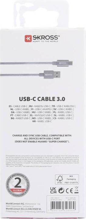 Image du produit Skross Câble USB Câble USB-C 3.0, Braiding, 1,20m space gray (1.20 m, USB 3.0, 36 W)