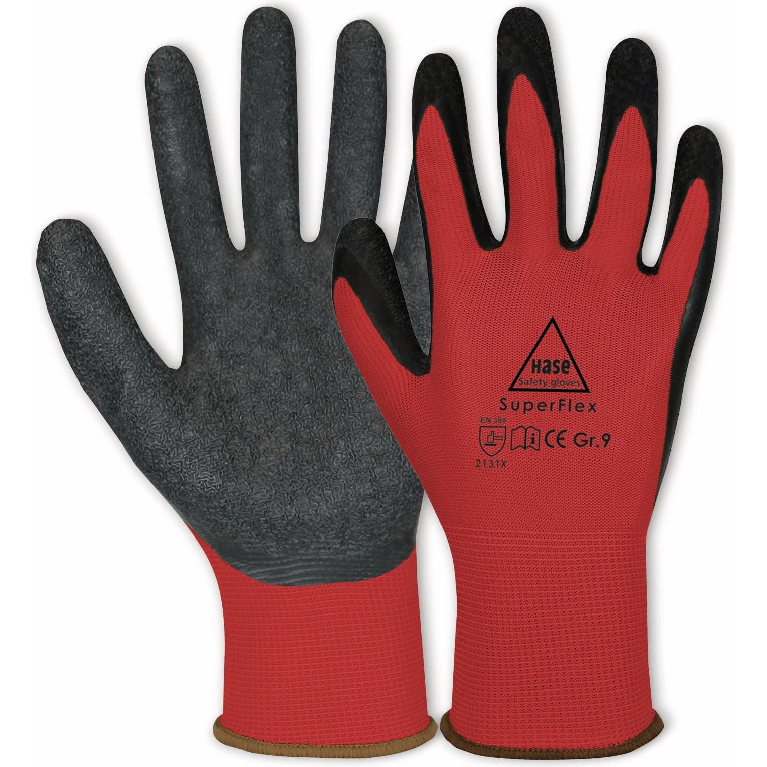 Hase Safety Gloves, Schutzhandschuhe, Latex-Arbeitshandschuhe Superflex, EN 388, EN 420, Grösse 11, rot/schwarz (7)