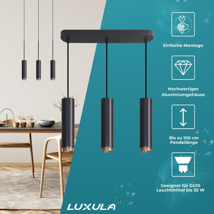 Produktbild Luxula LED-Pendelleuchte, schwarz/gold, 3-flammig (GU10)