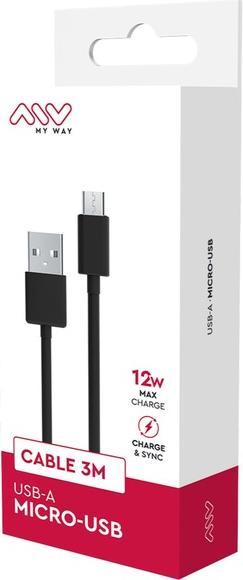Image du produit My Way Myway Cable 3m USB A Micro USB Noir (3 m, USB 2.0, 12 W)
