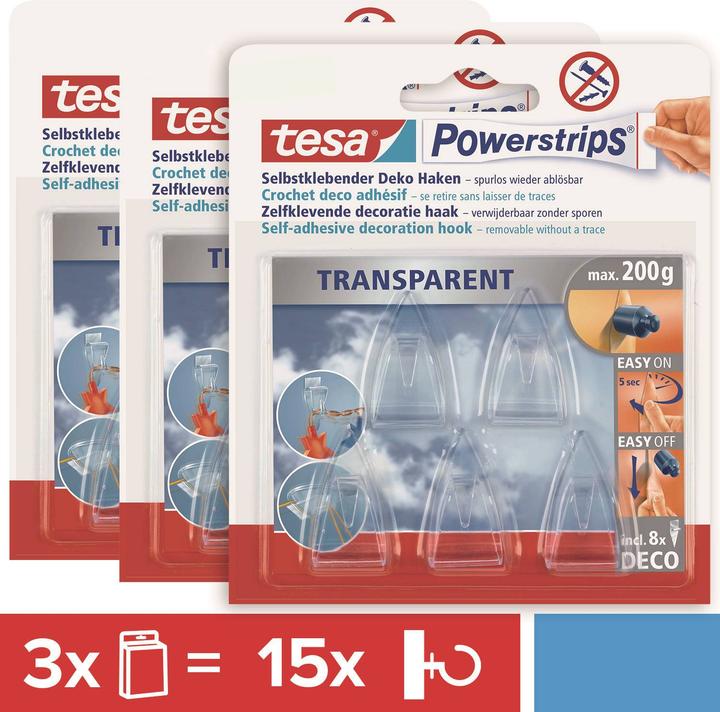 Produktbild tesa 3x Klebehaken für Glas, 0,2kg Halteleistung, spurlos ablösbar & wiederverwandbar, 15 Haken