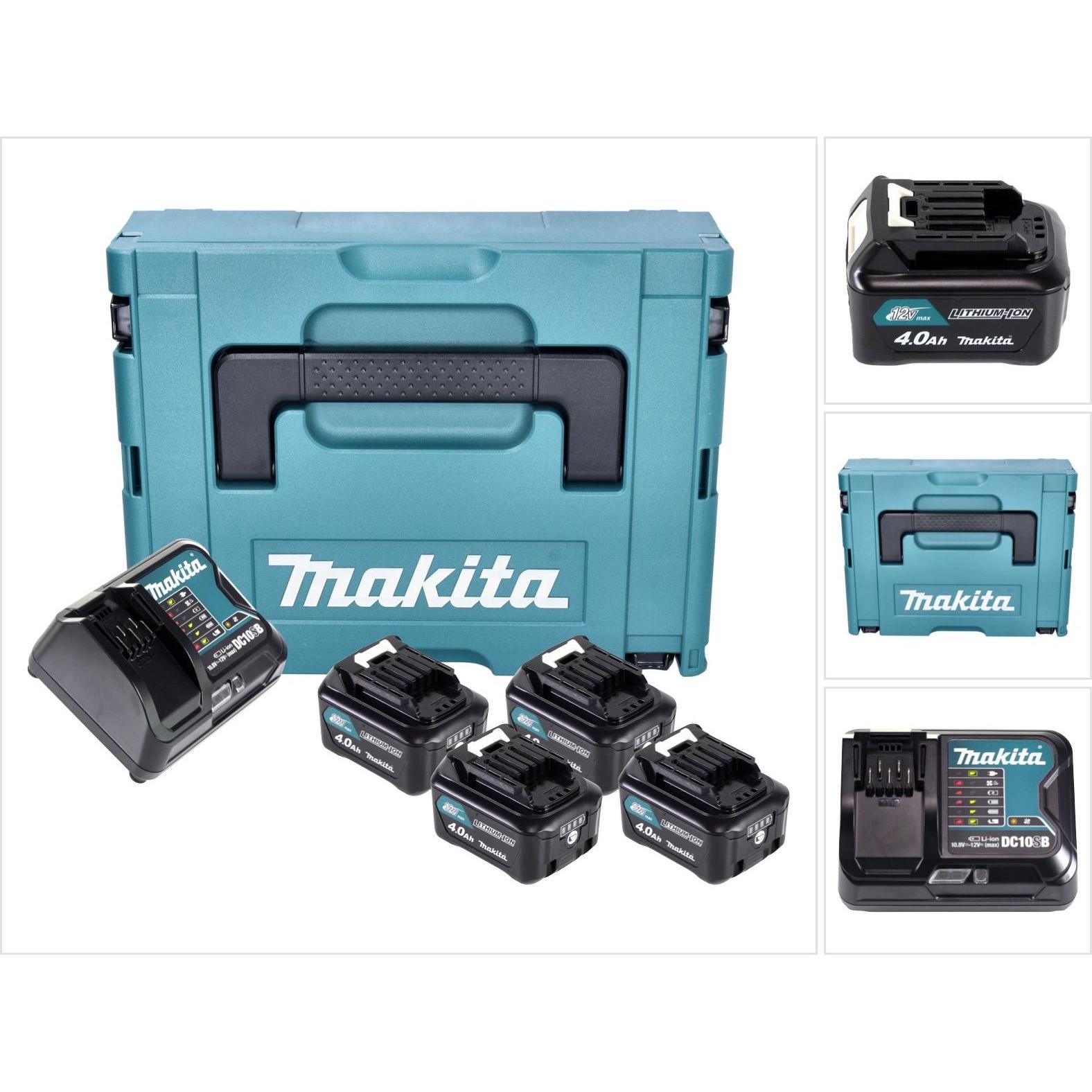 Makita, Batteria + Caricatore, Kit di alimentazione 4x BL 1041 B Batteria 12 V max. 4,0 Ah CXT ( 4x 197406-2 ) + Caricatore DC 10 (12 V)