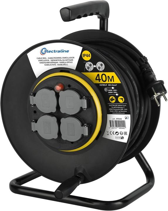 Electraline Professional 40m Extension Cable with Reel, 4 Grounded Outlets, IP44 Protection (40 m, 1.50 mm²)