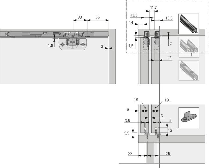 Actual product image Hettich SysLine S sliding door fittings, Inslide/Mixslide